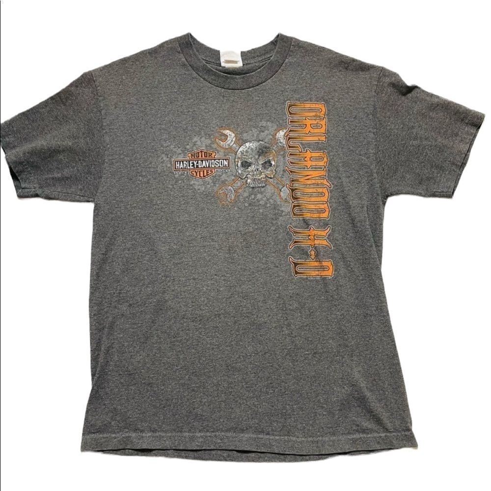 Harley Davidson Orlando Florida Skull Graphic Short Sleeve Tee Gray